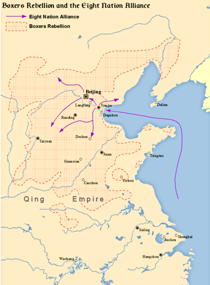 Map of the Boxer Rebellion and the international response that followed.