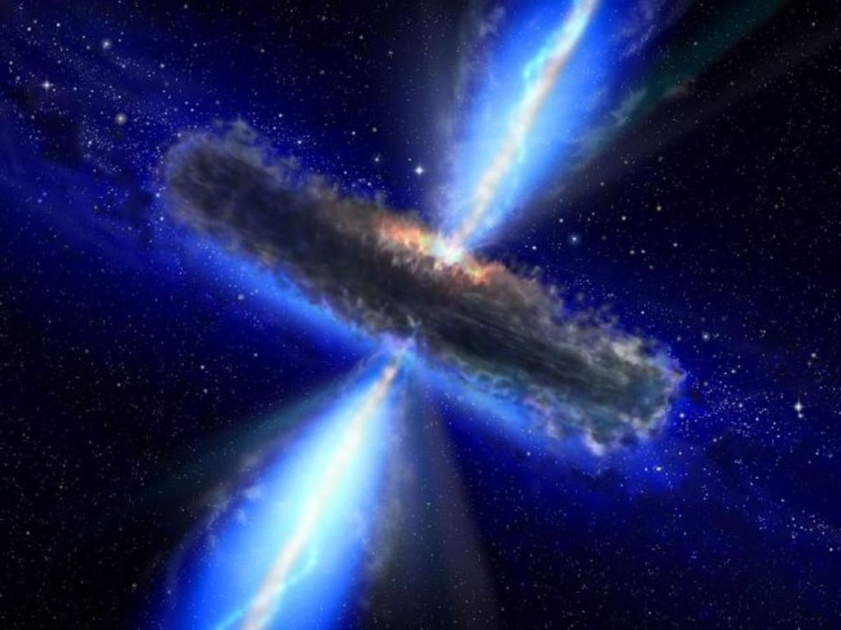 Artist rendering of quasar.  Notice the jets extending in opposite directions from the central black hole.
