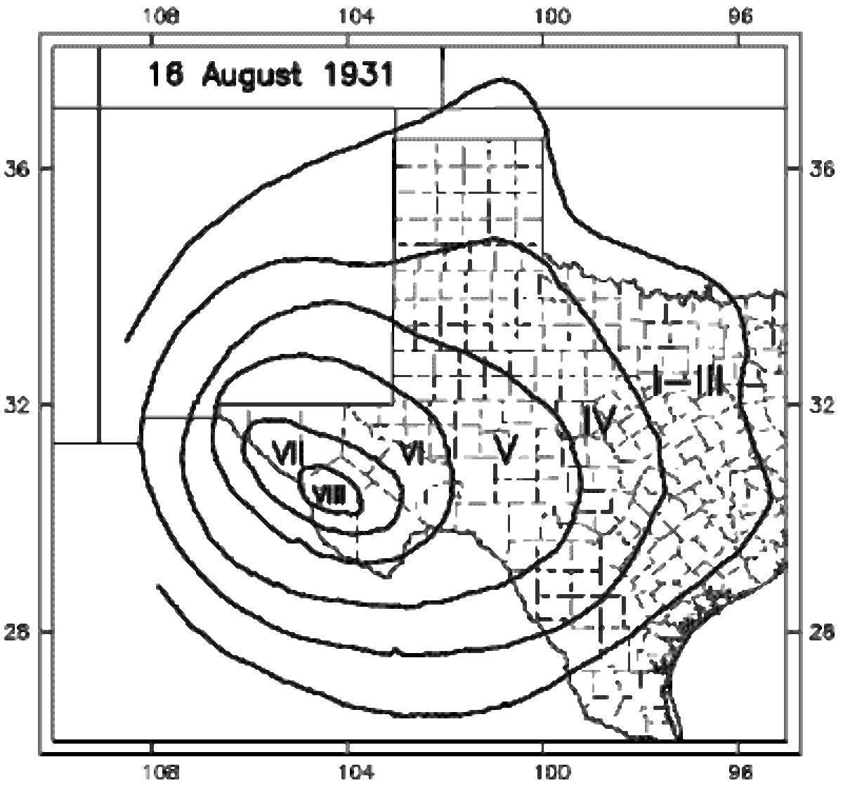 1931年8月16日德克萨斯州瓦伦丁6.0级地震的感受区和修正的默卡利烈度。