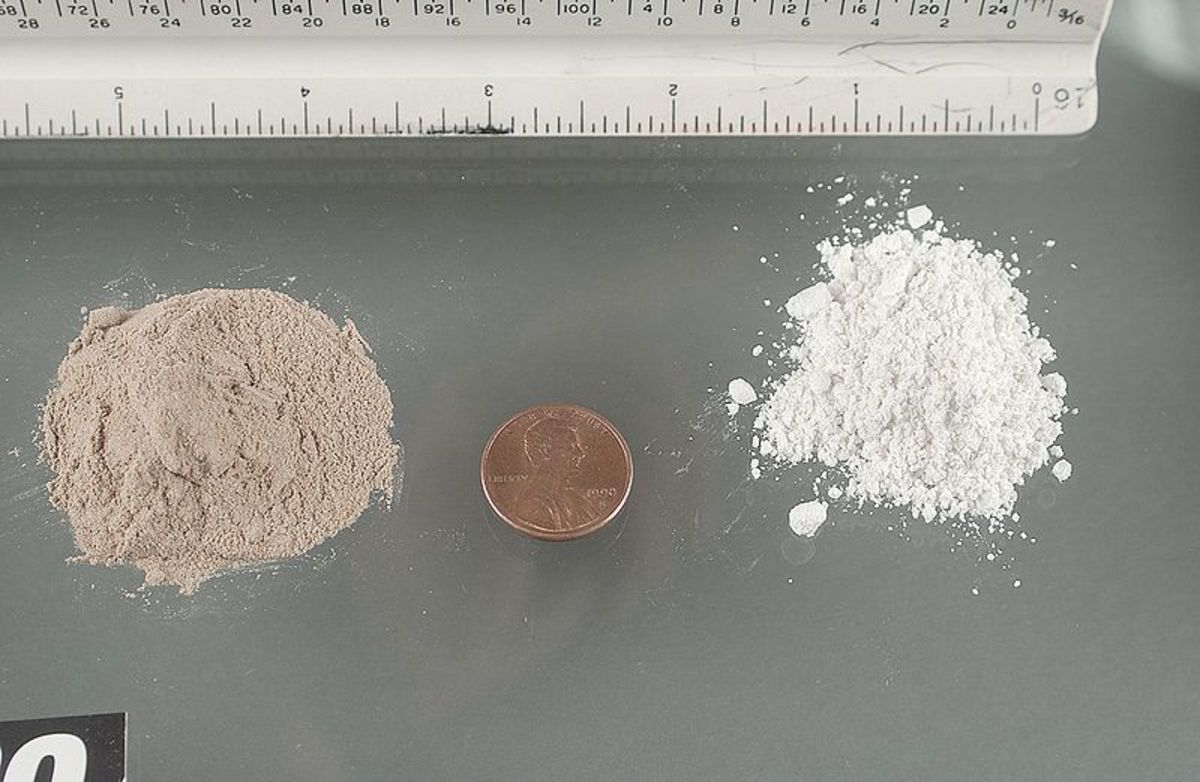 Heroin compared to the size of a penny.