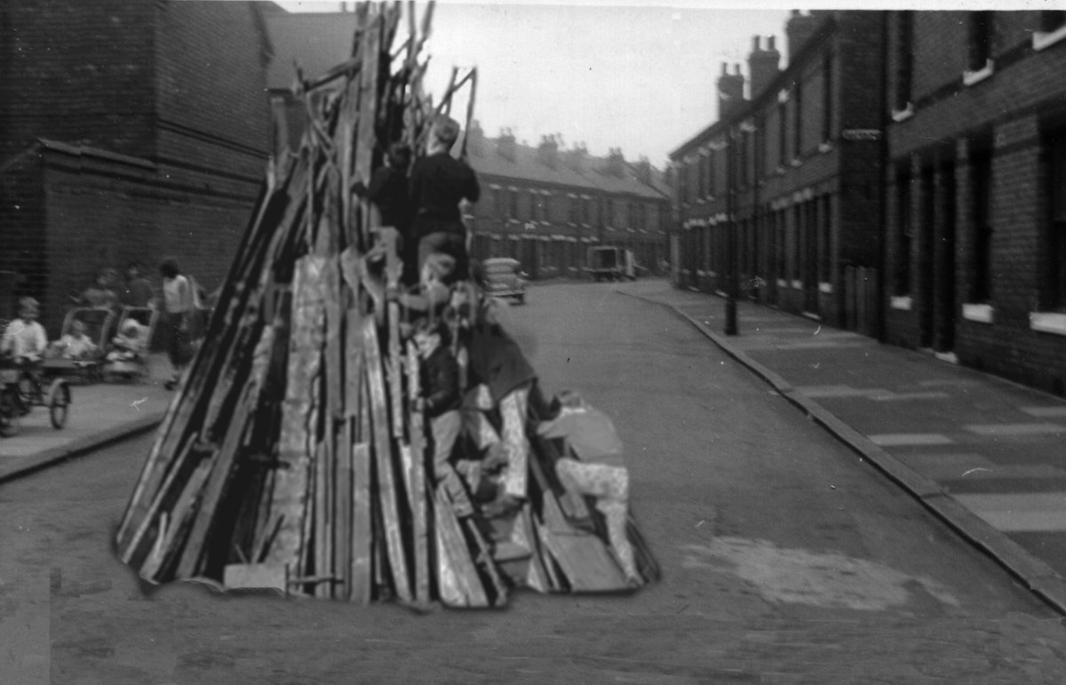 I have superimposed the photo of the boys building the bonfire seen earlier in the article onto a photo of my street where it was traditionally built to give you an idea of how it would look