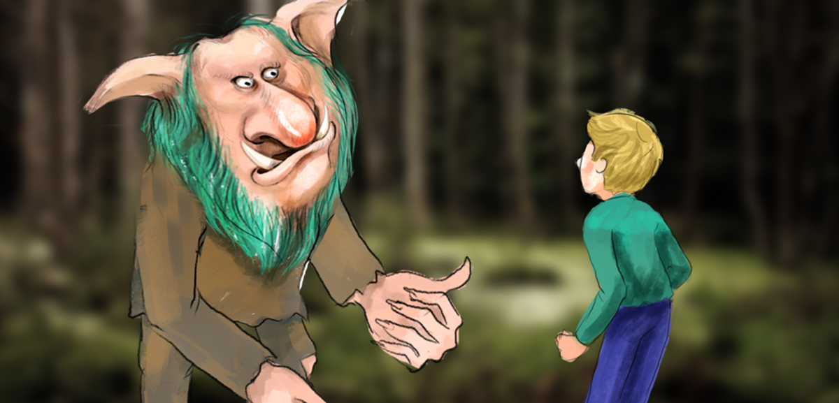 Askeladden, the youngest of three sons, is the main character in many Norwegian fairytales. Here, he encounters a troll in the forest.