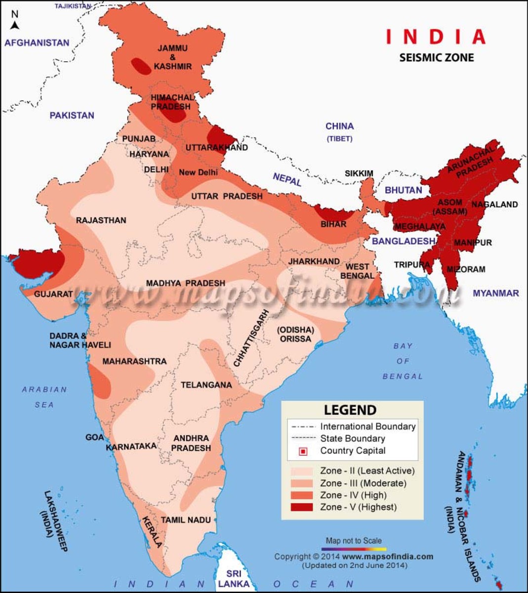Map showing different earthquake zones in India