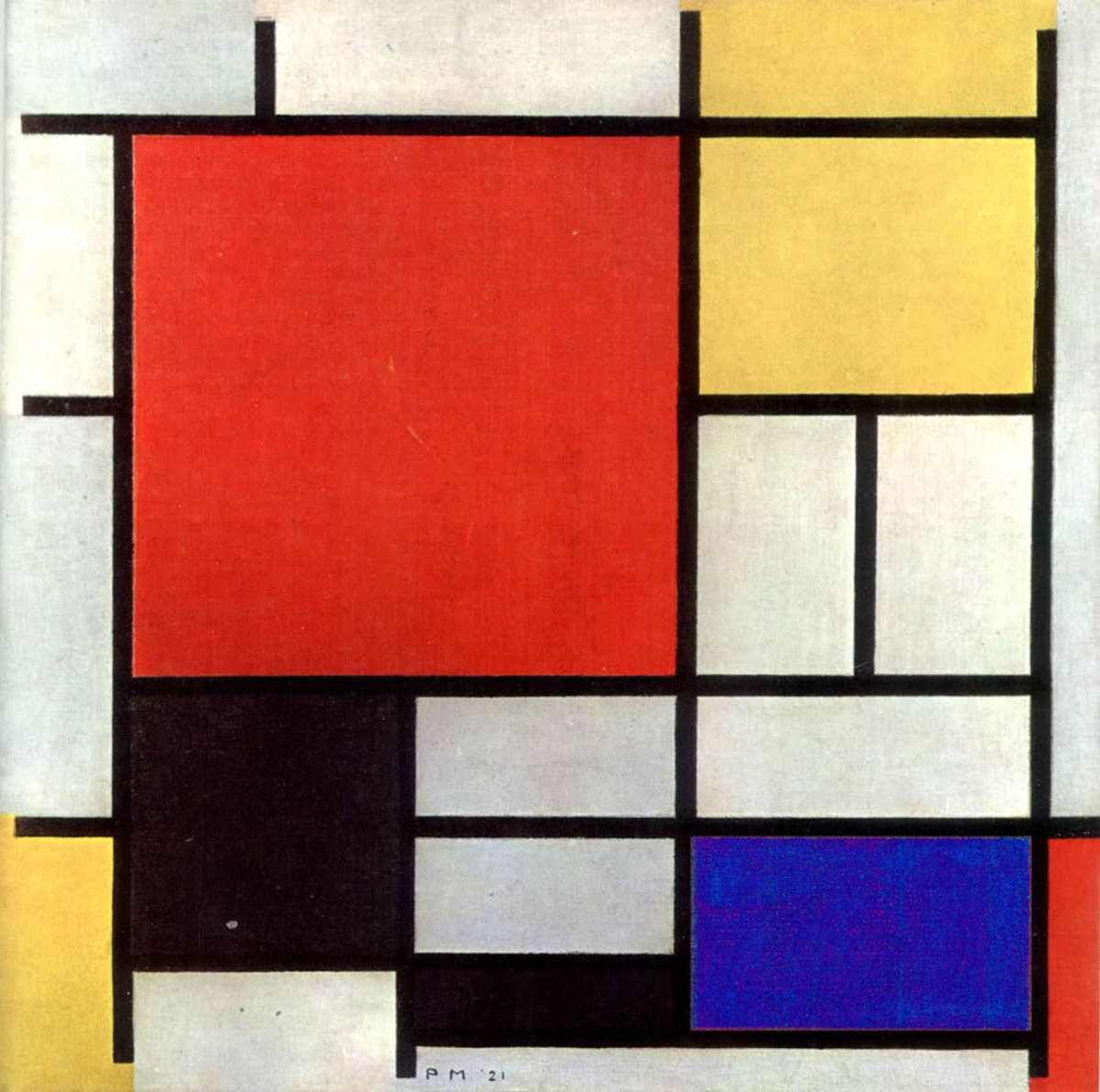 Mondrian has many simple paintings using shape, line, and primary color that work well for preschool critiques.