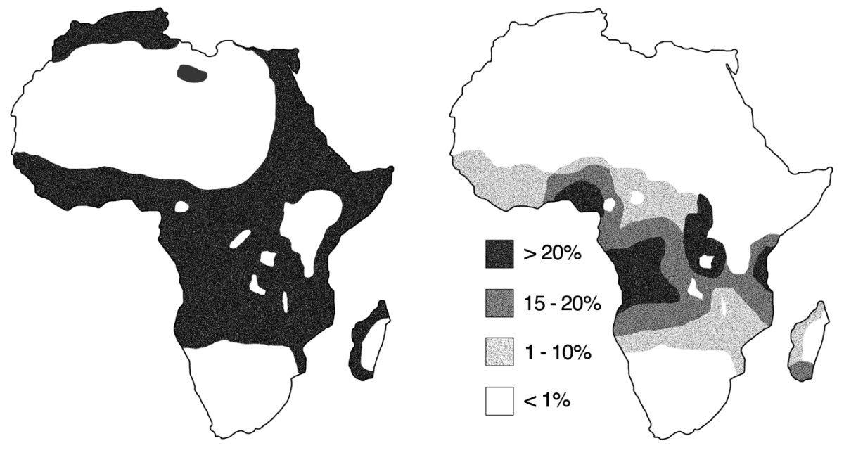 Prevalence of Malaria (left) and Sickle Cell trait (right) in Africa.