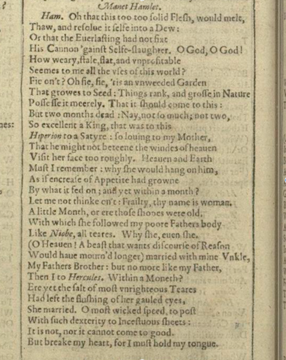 Hamlet's First Soliloquy from "Mr. William Shakespeares Comedies, Histories, & Tragedies" or "The First Folio," 1623. Public Domain.