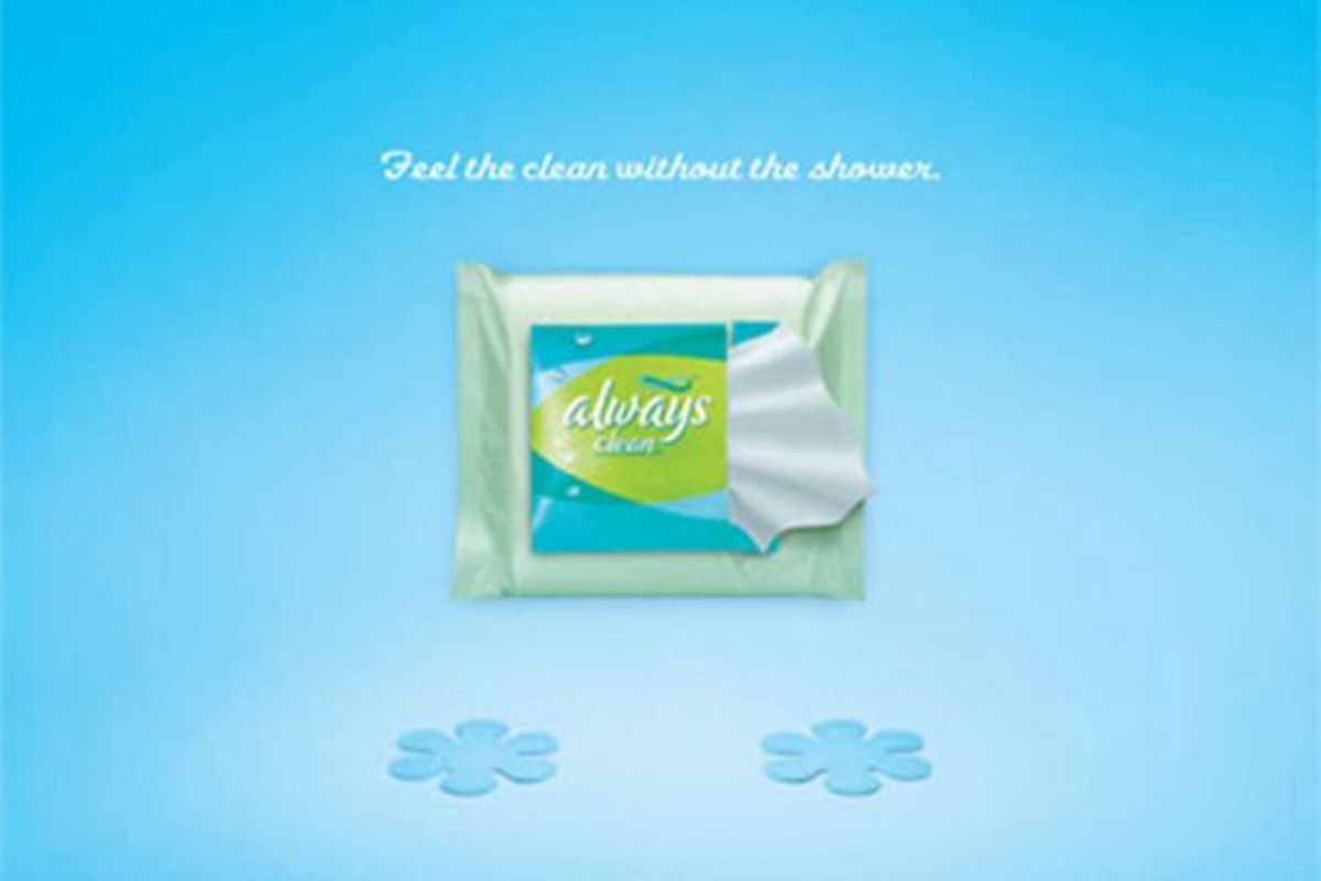 Always Clean was the first pad packaged with individually wrapped wipes to keep a woman feeling fresh. Their ad campaign says women can feel shower clean without the shower.  