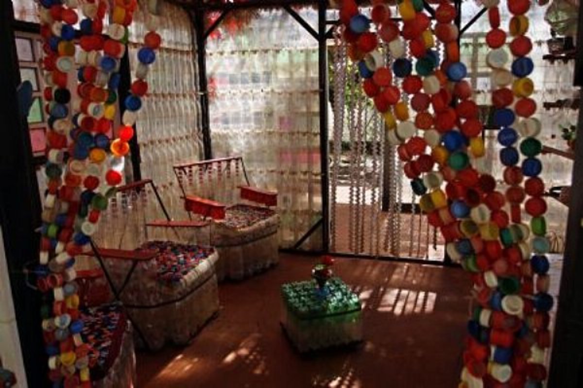 Interior dividers or curtains can made from plastic bottle tops.