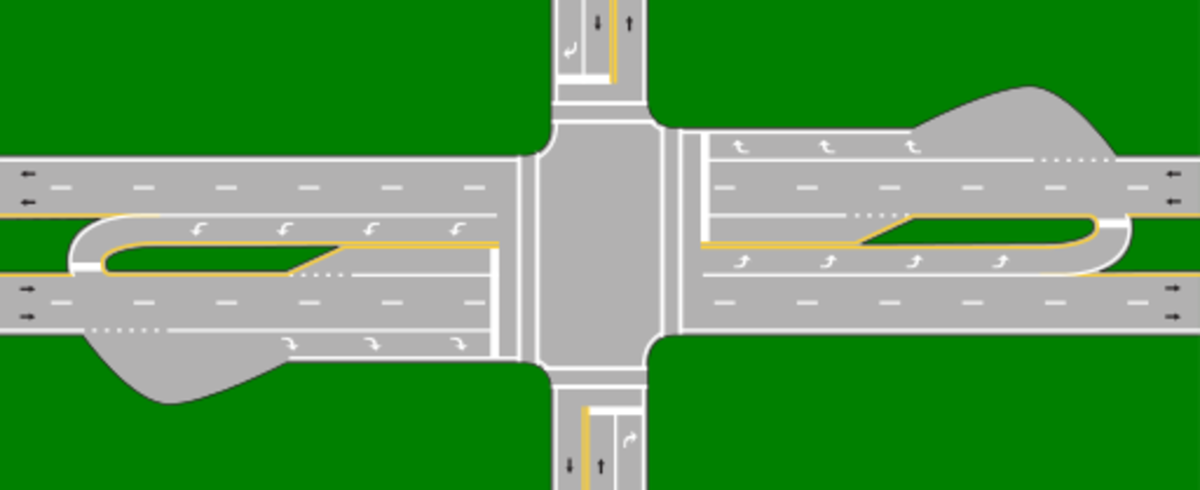 Depiction of a "Michigan Left" road design.