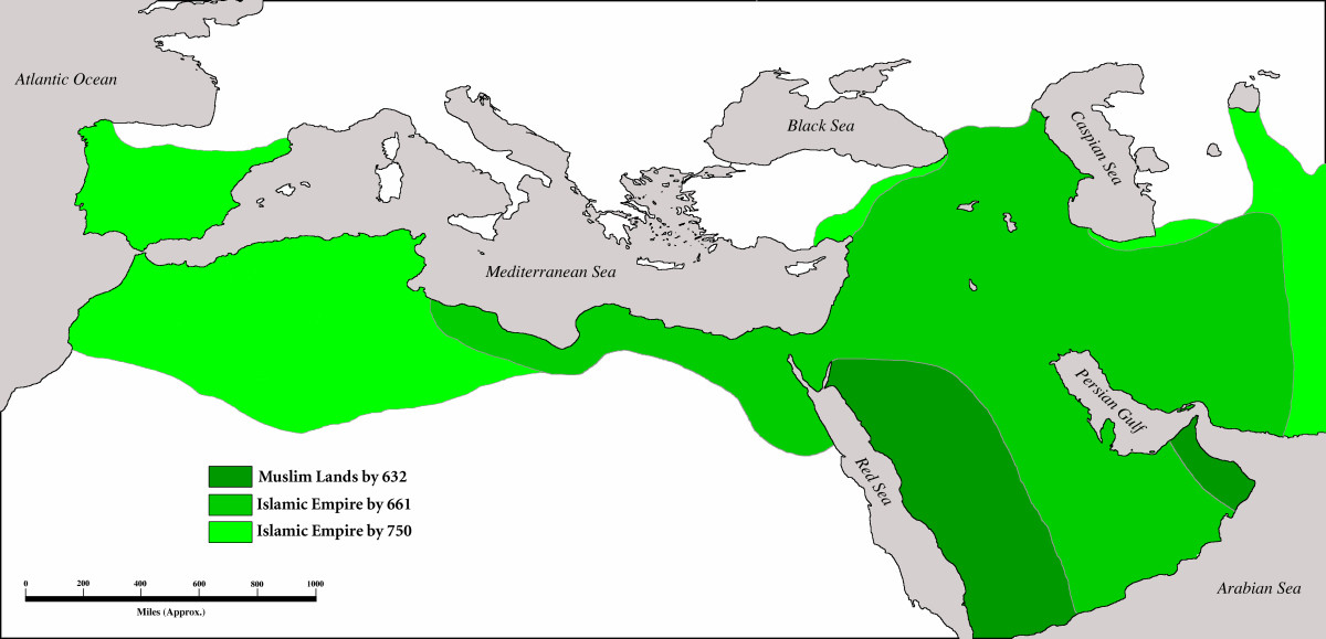 This map shows the growth of Islamic empires between the 7th and 8th centuries.