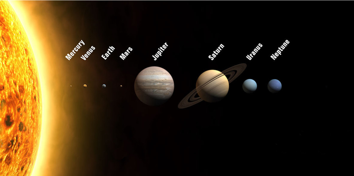 The Sun and all the planets in sequence from the Sun. All these planets and the Sun are sized to scale - showing just how big Jupiter is compared to Earth, and just how small all the planets are compared to the Sun