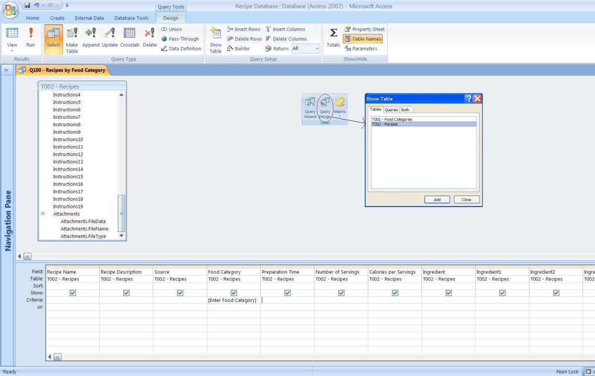 Query to isolate 1 Food Category based on user input