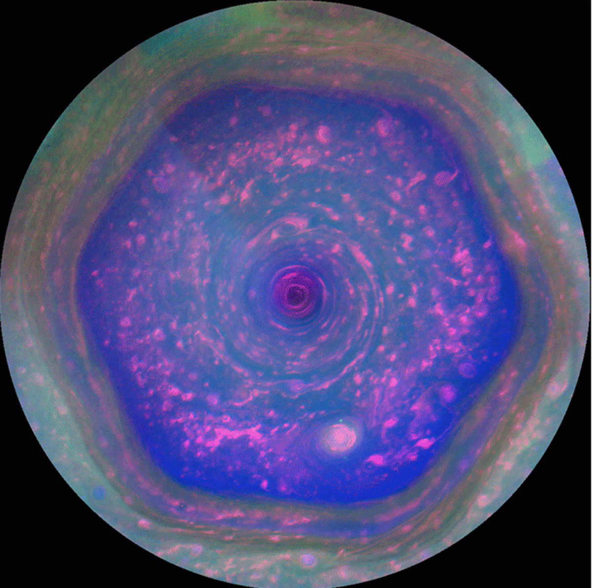 False color image of Saturn's north pole from 2013.