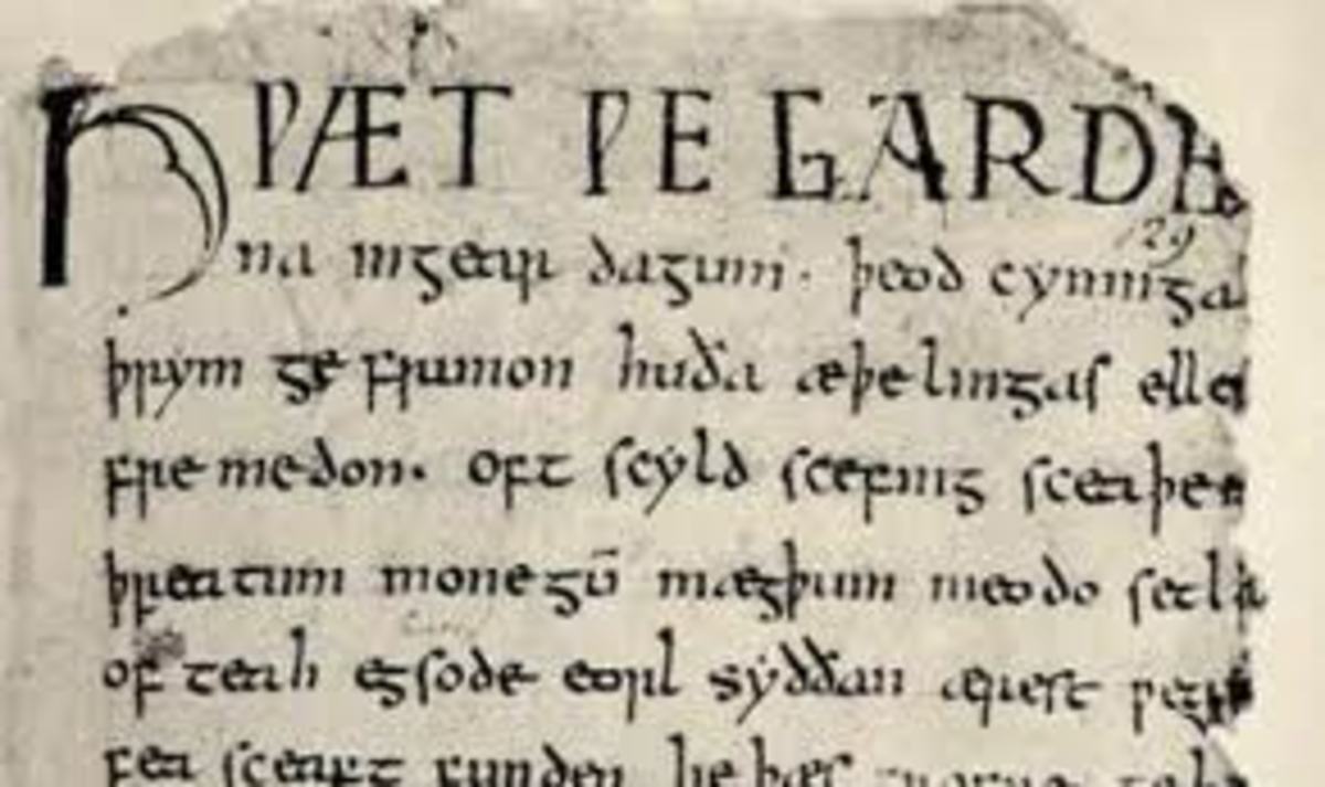 An example of Anglo Saxon writing - the start of Beowulf (from Nowell Codex)