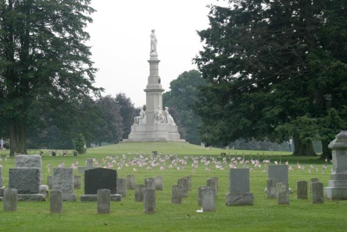 A photograph of the Soldiers National Monument in the centre of the Gettysburg National Cemetery.