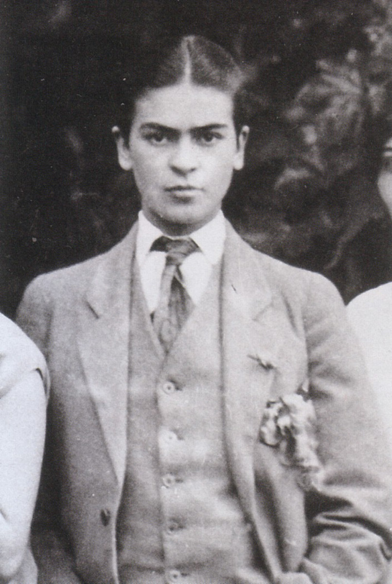 Detail of Frida posing in men's attire for a family portrait taken by her father, Guillermo Kahlo, in 1926.