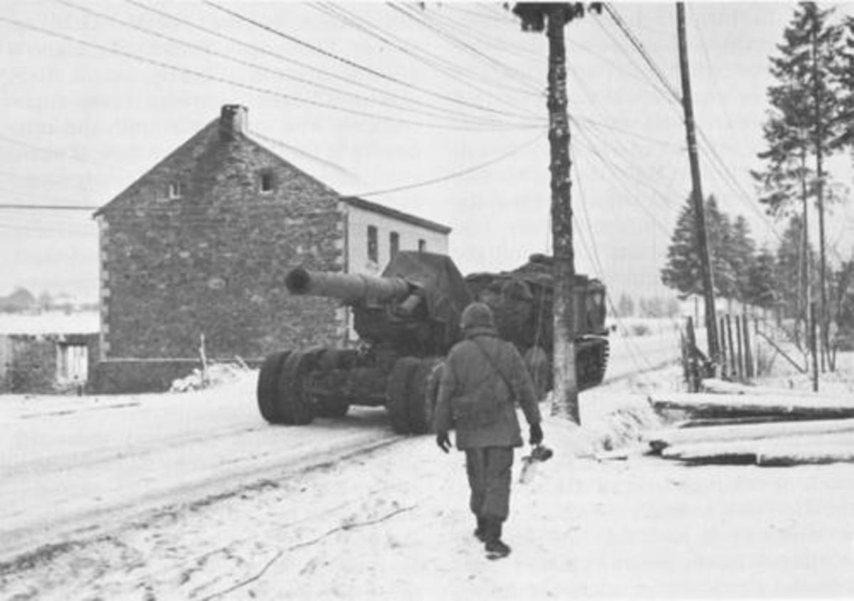 8-inch howitzer section on the move during the Bulge