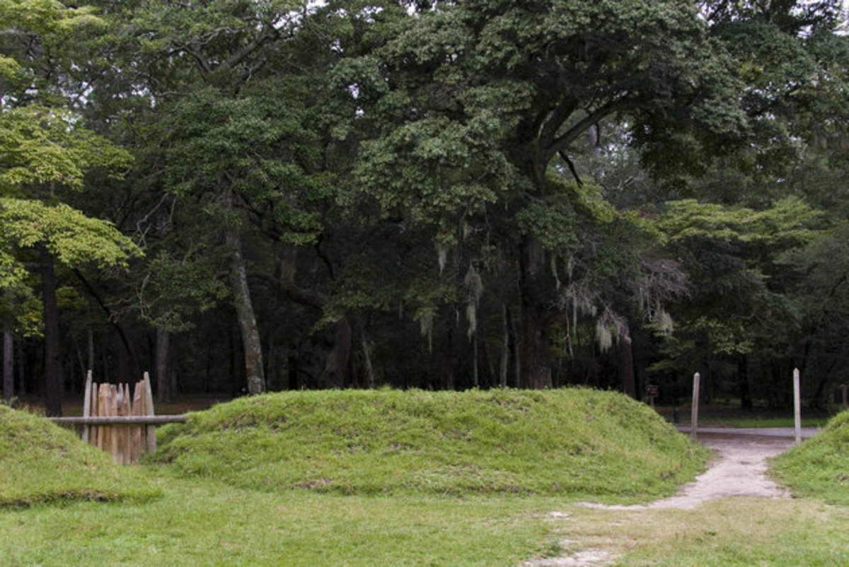 Reconstructed earthworks are seen at the site of Fort Raleigh, a fort built by English settlers of the Roanoke Colony.