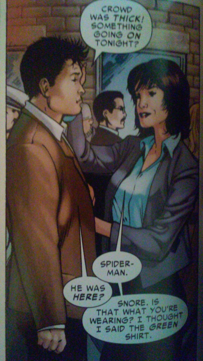 Sure, Betty, focus on the shirt and not the fact Peter showed up right after Spidey left. Huh...