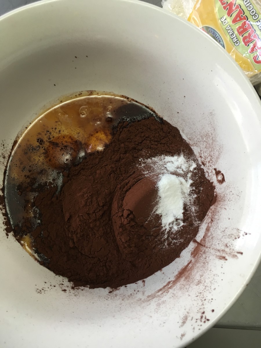 Combine eggs, cocoa and other dry ingredients.