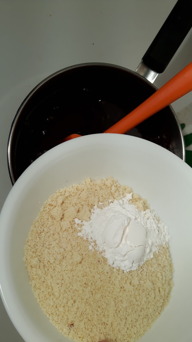 The almond flour and tapioca starch are added. 