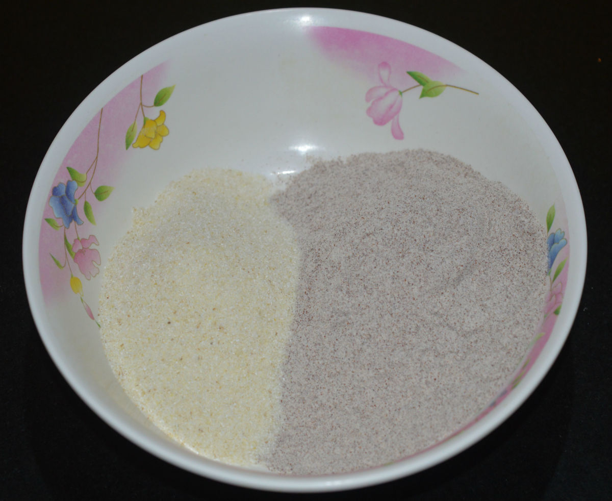 Step one: Add ragi flour and semolina to a mixing bowl. Mix well.