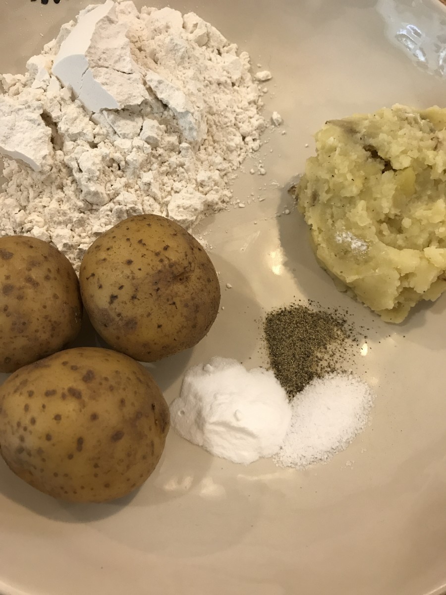 Irish potato pancakes use simple ingredients - left over mashed potatoes, grated fresh potato, baking soda for leavening, salt and pepper.