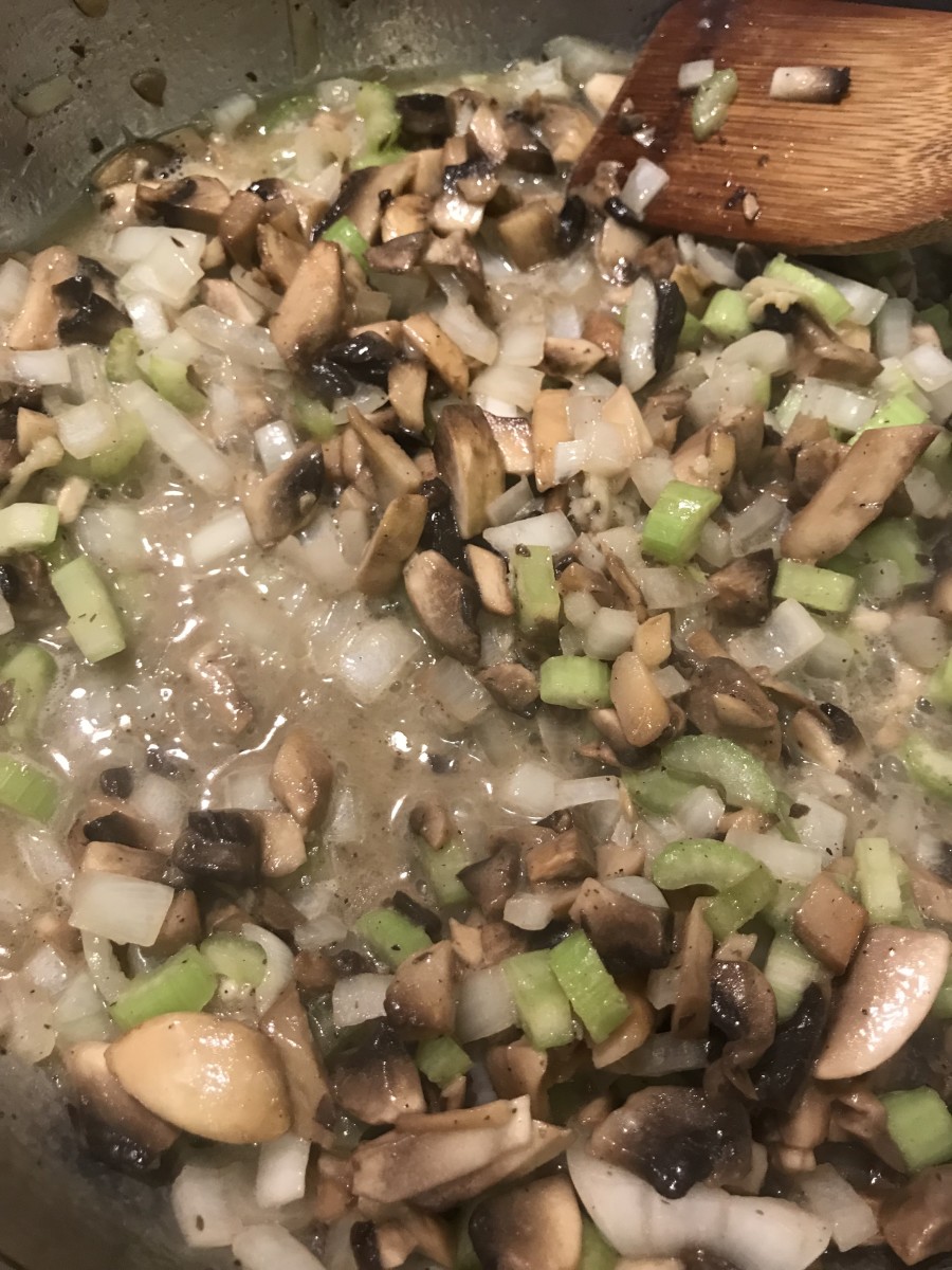 Saute the onion, celery and mushrooms together with butter for just a few minutes. The vegetables will become very fragrant and the mushrooms will release their juices.