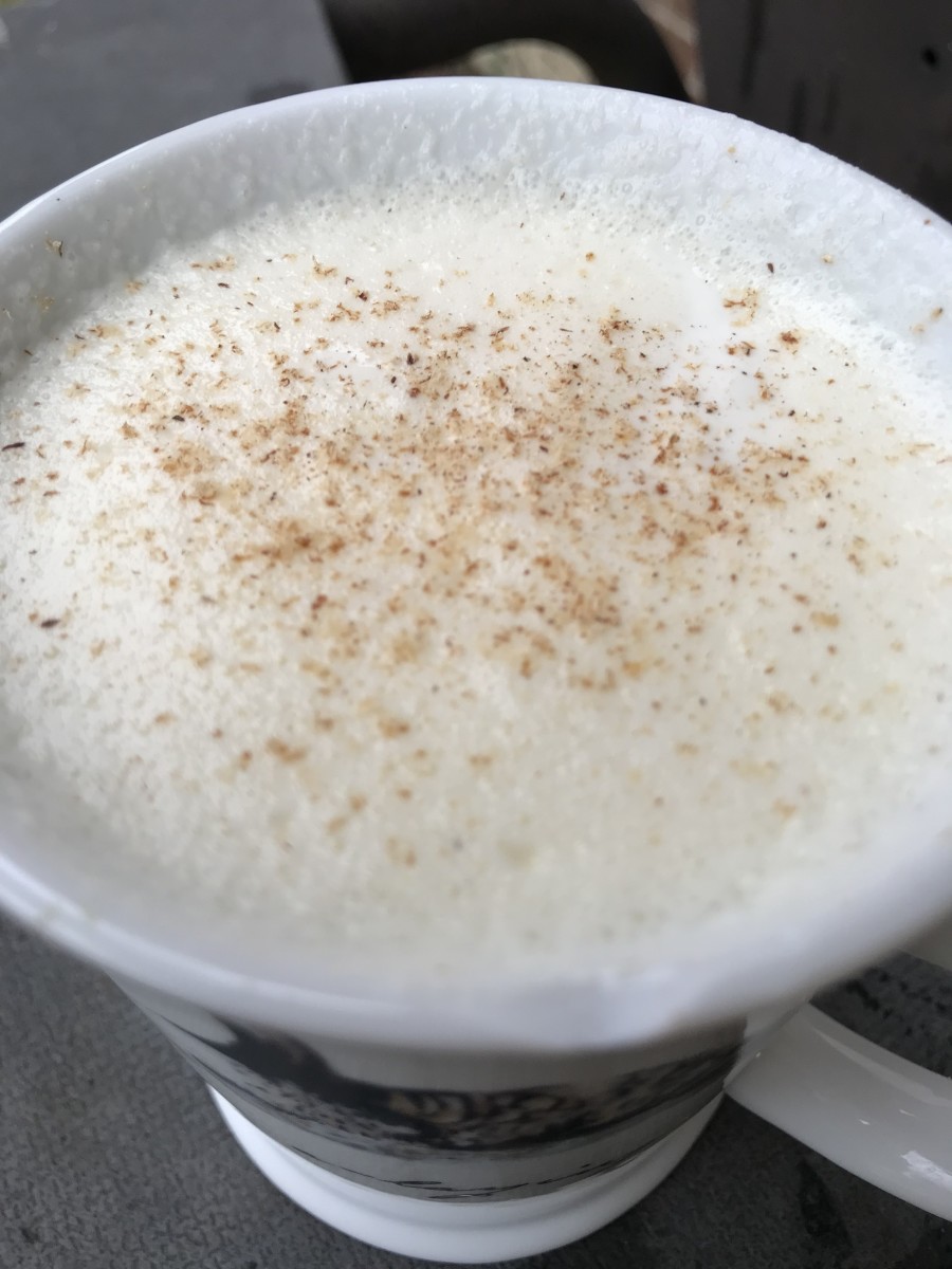 I make a non-alcoholic eggnog most of the time, because it's generally not a good idea to spike the kids. But you can certainly whisk in rum, bourbon or whiskey right before serving if you like. Top with a little more nutmeg and you're good to go!