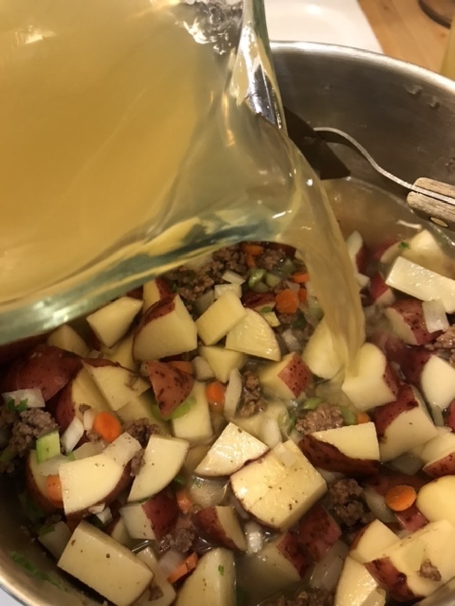 Add the broth to the pot and bring it up to a boil. Reduce it to a simmer, and simmer for just at 15-20 minutes, or until the potatoes are tender. It helps if the potatoes are nice and bite sized, they'll cook more quickly.