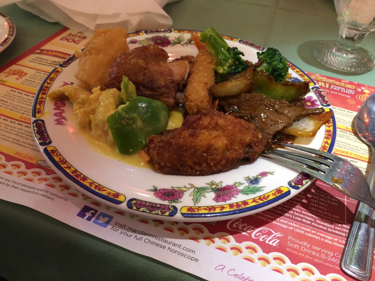 Fried chicken wings, black pepper steak, curry chicken, torpedo shrimp and garlic broccoli