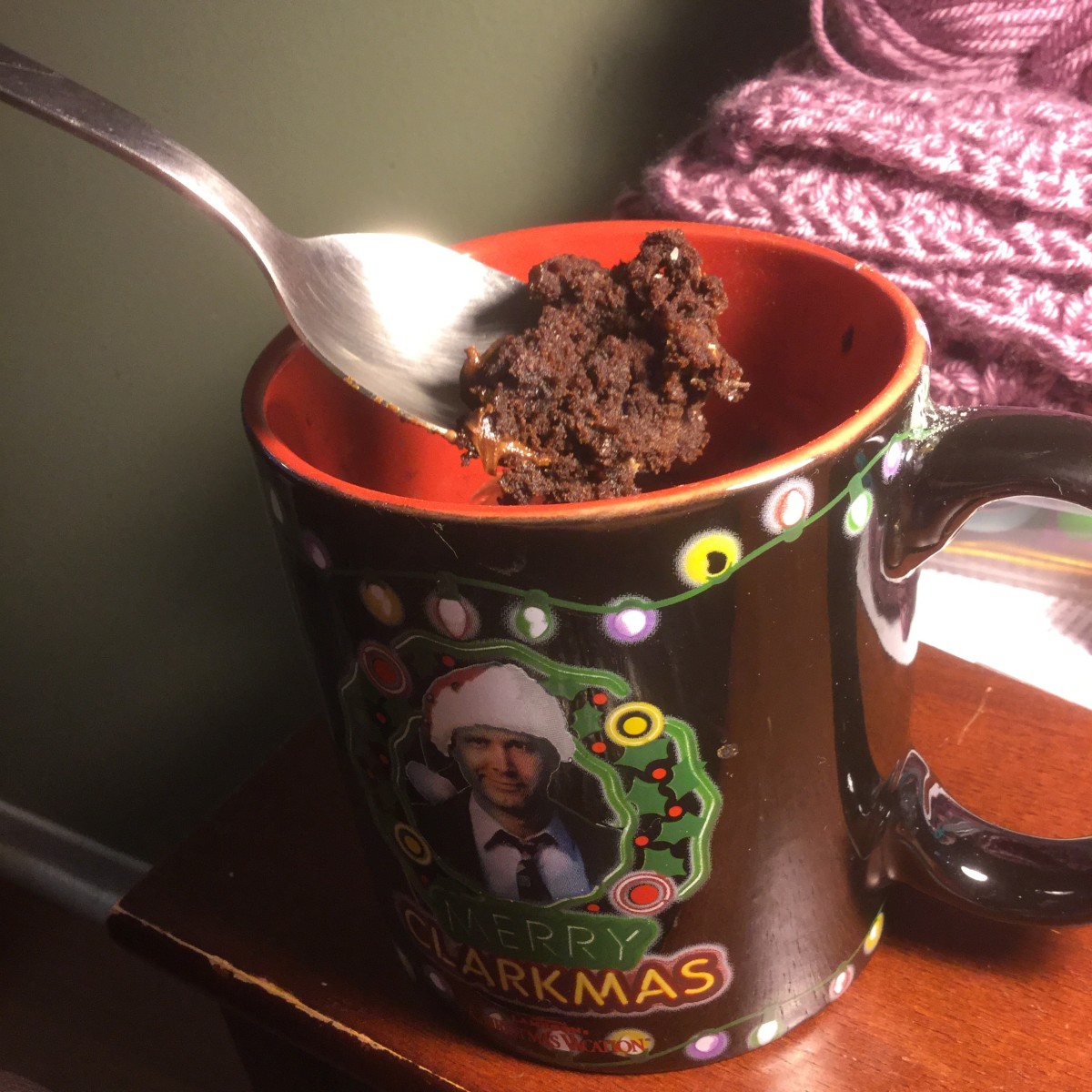 Vegan chocolate mug cake in my Merry Clarkmas mug!