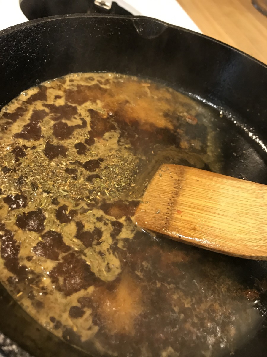 This sauce got a little dried thyme once the liquid had come to a boil and the brown bits were scraped up.