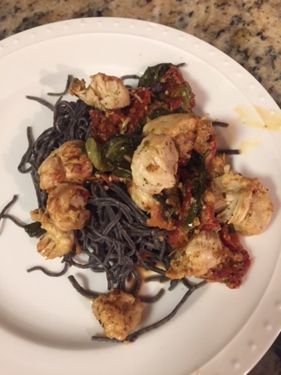 Tuscan Chicken With Black Bean Spaghetti and Spinach