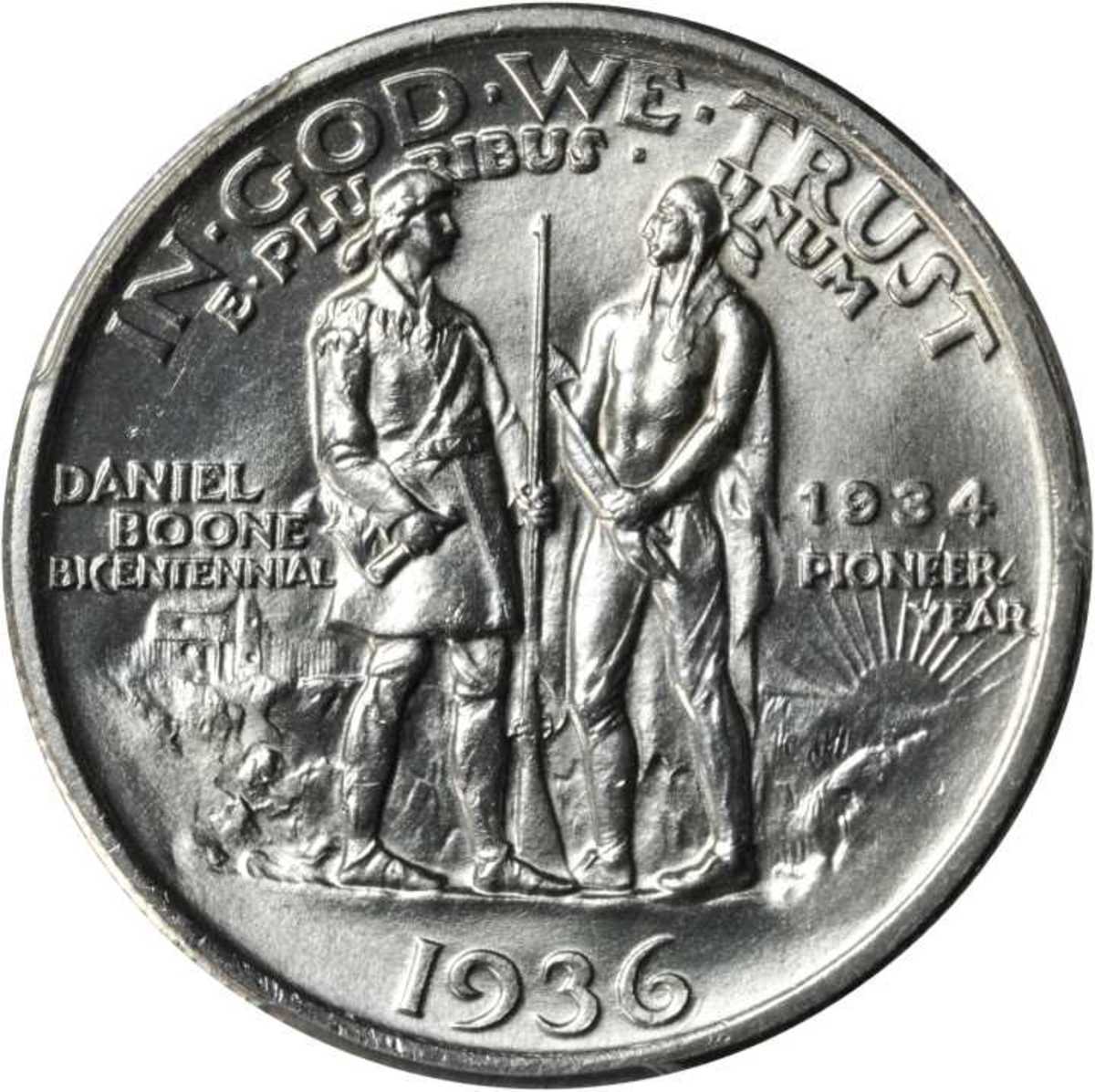 Reverse (back) of the United States 1934 to 1936 Daniel Boone commemorative half dollar. The coin was issued by the U.S. mint to commemorate the 200th year anniversary of Daniel Boone. Boone is on the left with Blackfish, chief of the Chillicothe.