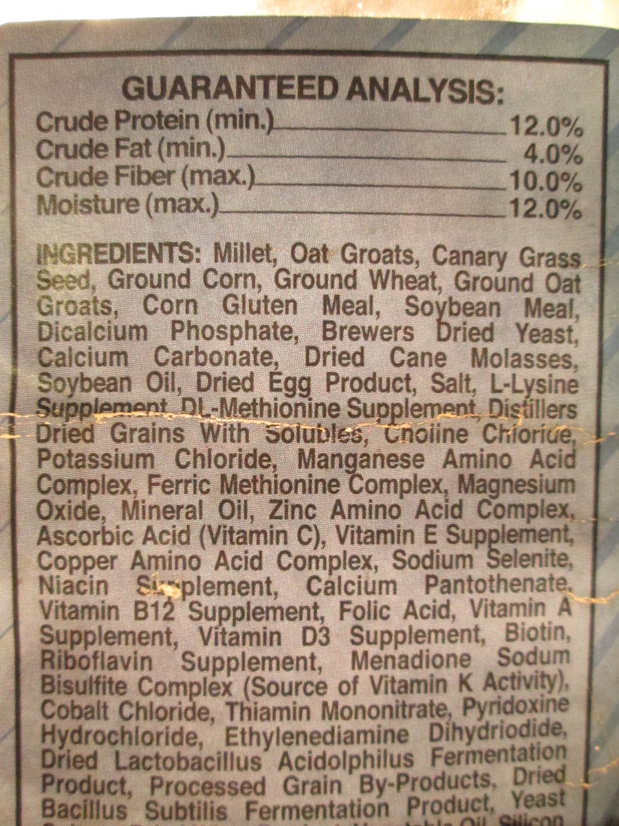 The nutrition label for the seed pictured above. Some vitamins are added into the pellets that are mixed within the seeds.