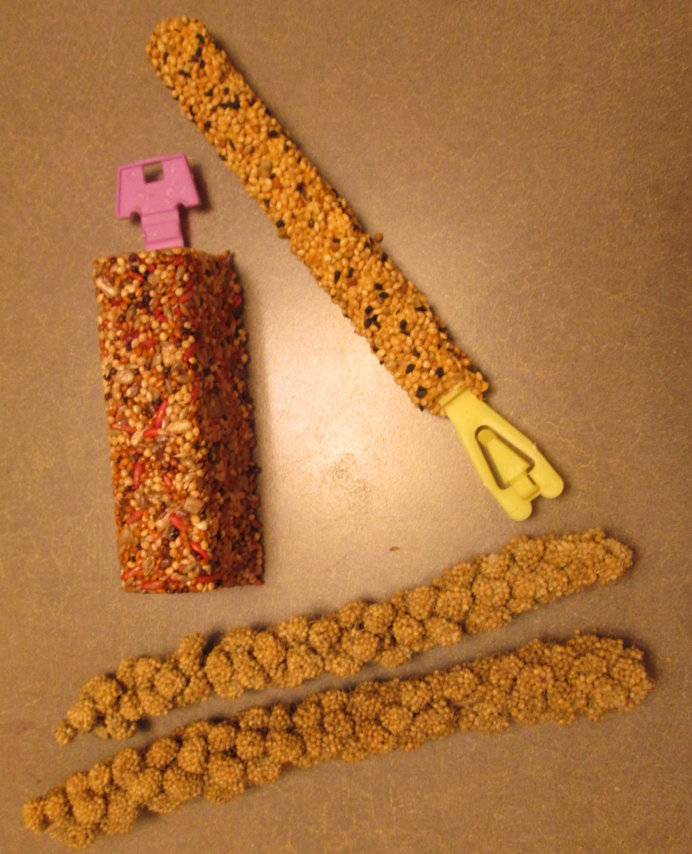 Millet and flavored seed blocks for parakeets. Give millet in moderation (1–2 inches per day).