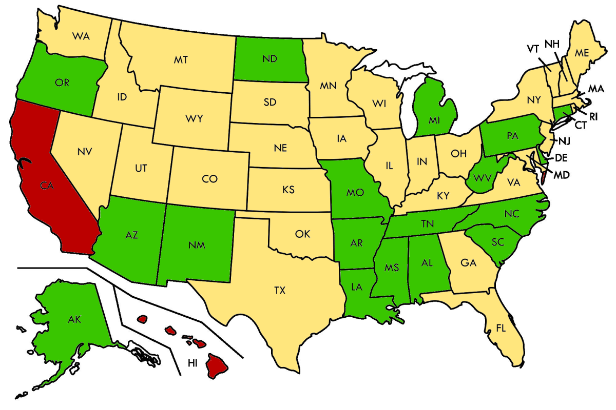 The states in green have no regulations on having ferrets as pets; the states in yellow have minor regulations; the states in red have banned them. 