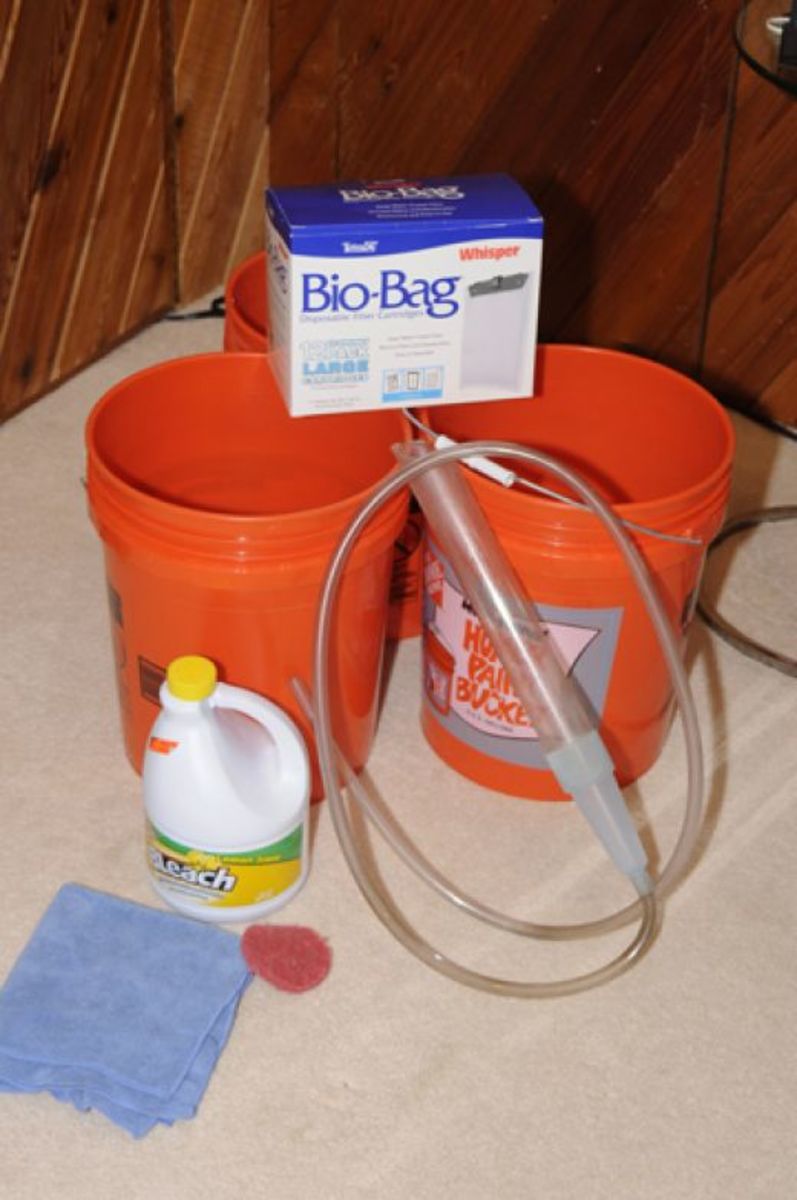 Equipment needed: A couple of new 5 gallon buckets from Home Depot or Lowes is perfect. Be sure to purchase an aquarium vacuum which is relatively inexpensive