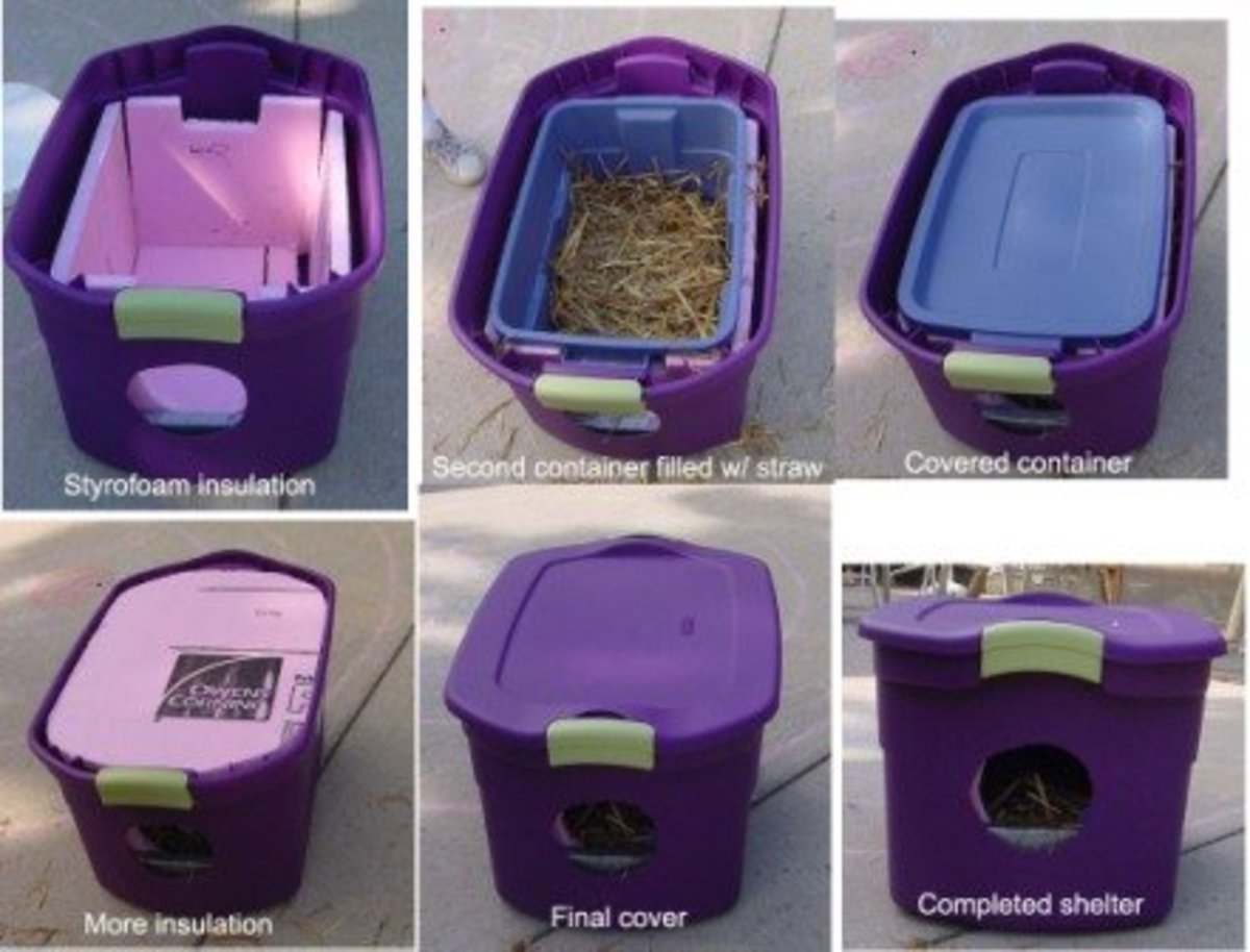 Cat Shelters using plastic totes with one of two insulators, a second tote inside or pieces of insulation. Using styrofoam coolers is an easy alternative to either of these two options.