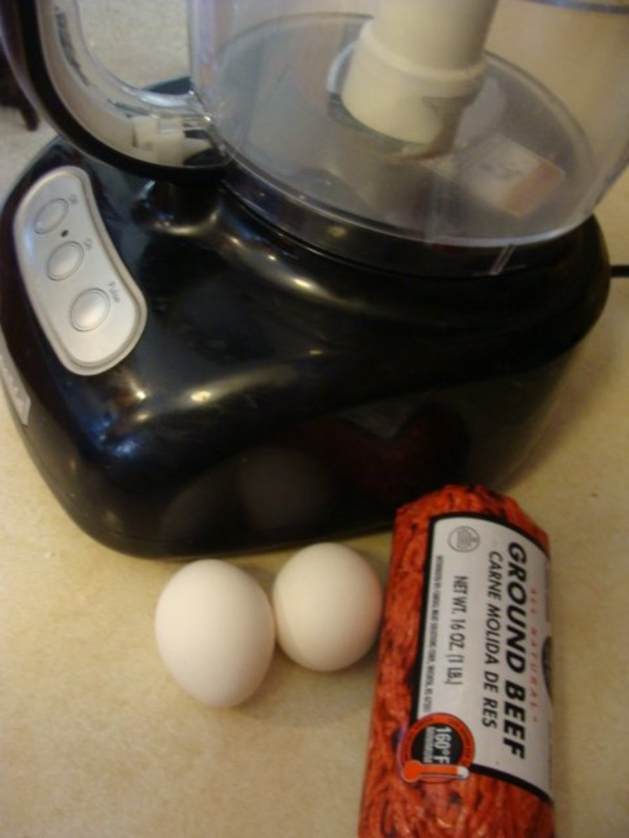 Process a pound of ground beef and two eggs until smooth.