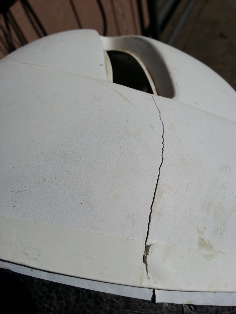 My cracked helmet. Good thing I was wearing it when I took a spill!