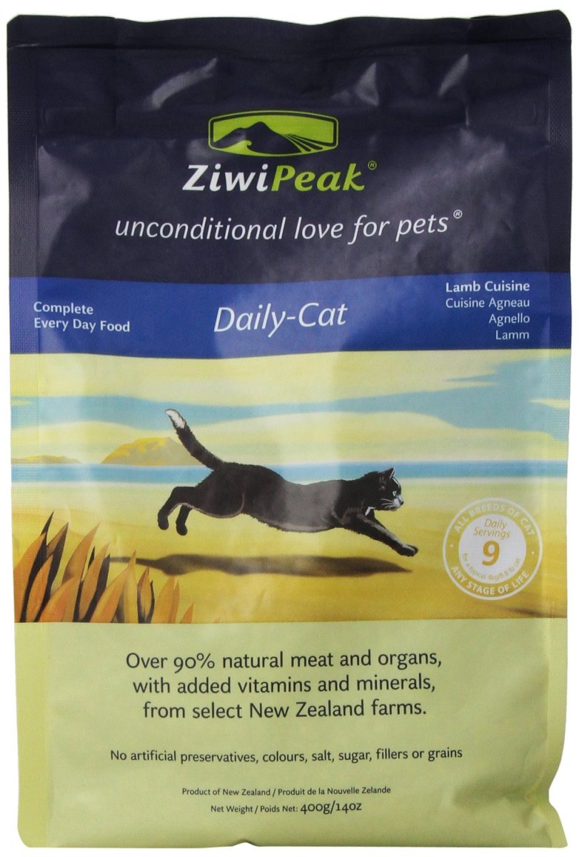 Ziwipeak is 56% lamb meat and 34% organs, and is a product of New Zealand.