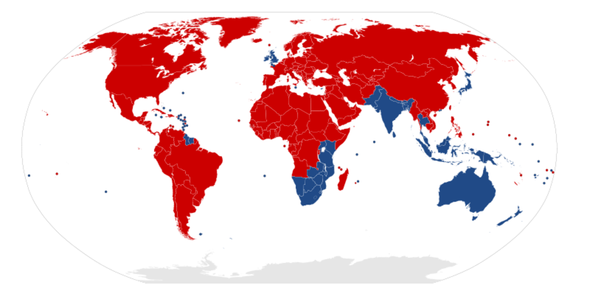 Countries driving on the right shown red, countries driving on the left shown blue.