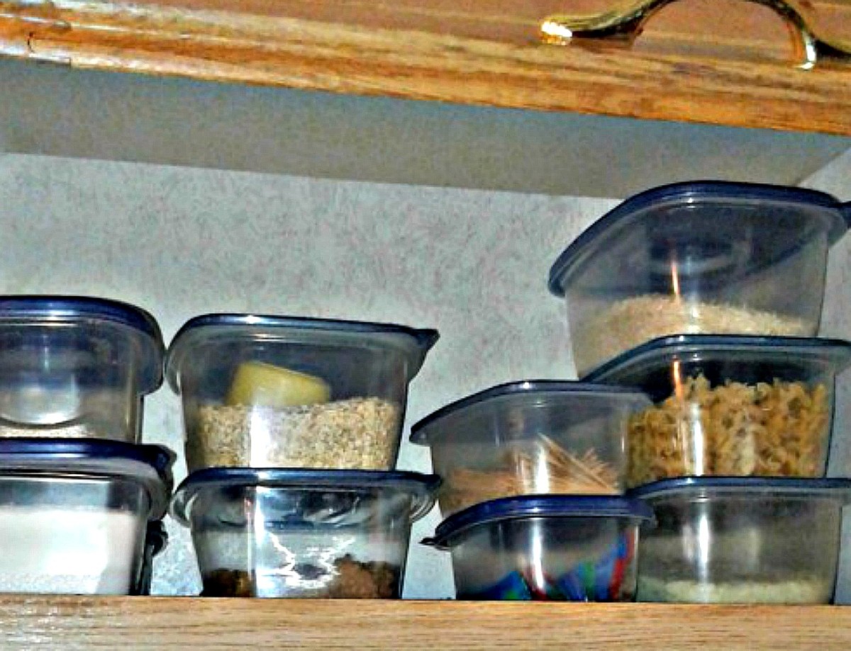 Using lidded, plastic, stacking containers such as those sold by Gladware is the best way to store dry foods.