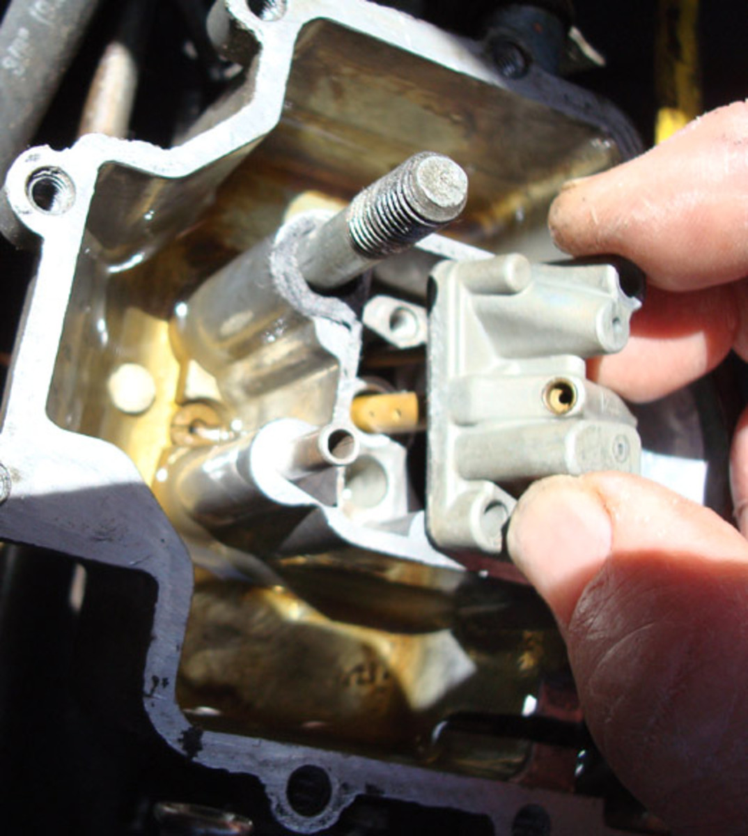 Remove the two screws that hold the Venturi cluster on the carb