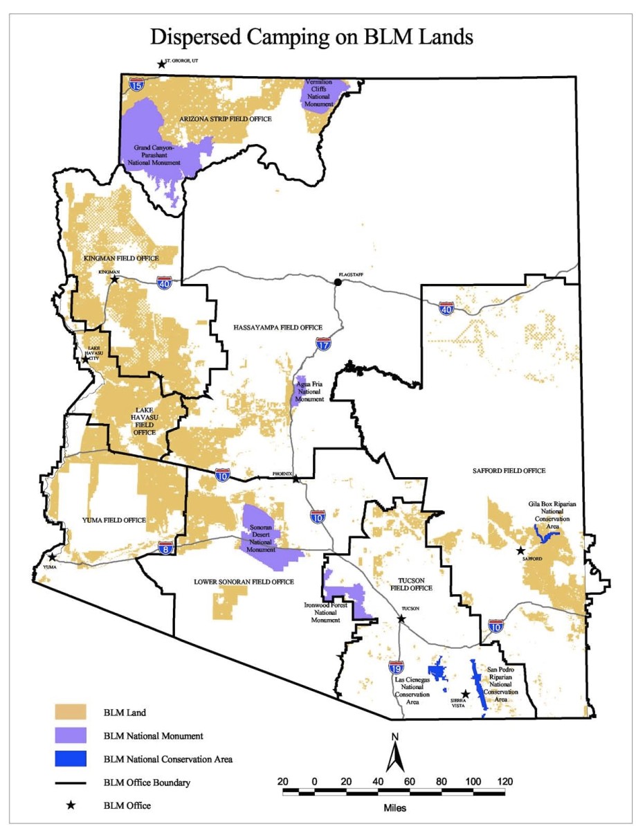 Map of dispersed camping in Arizona.  Yellow areas are BLM land.