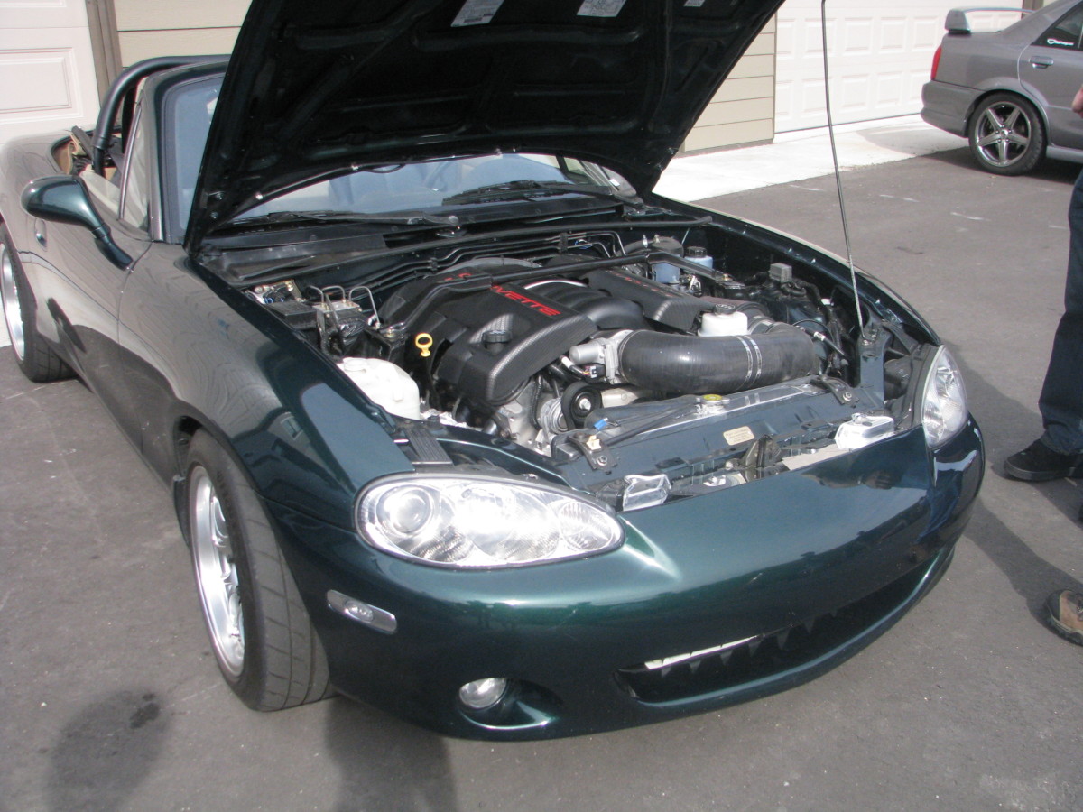 Second-generation Mazda Miata with a 430 hp LS3 V8 from a Corvette swapped into the engine bay