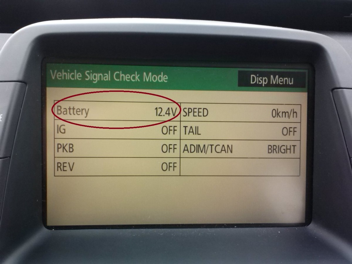 The voltage of the battery is displayed in the top left of the screen (red circle). The Prius is still not in the Ready or Accessory modes.