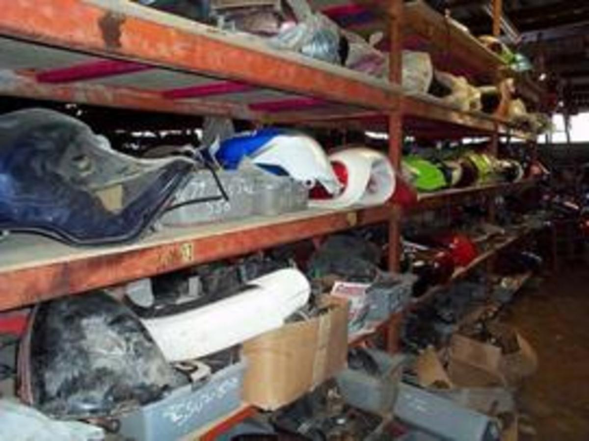 Parts on these shelves, like these at Beaumont, Texas’a Northend Cycle, are being sold not only at stores, through online auctions as well.